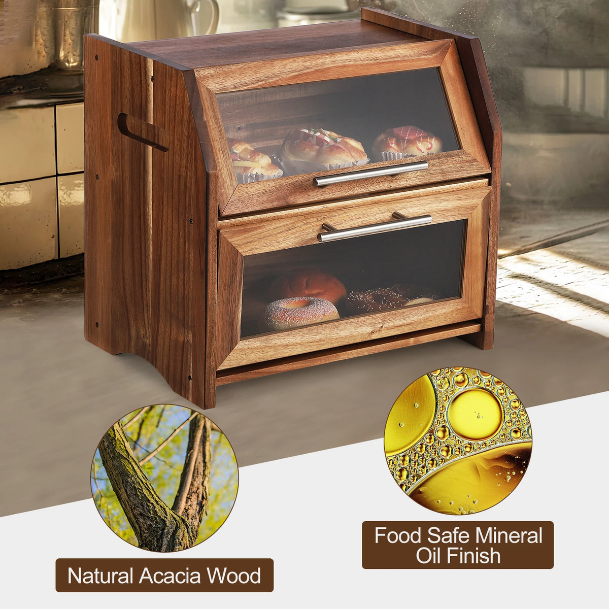 Acacia Wood Bread Box for Kitchen Counter, Double-Layer Bread Storage Bin with Window, Large Capacity Food Storage Keeper for Bread, Pastries and Snacks