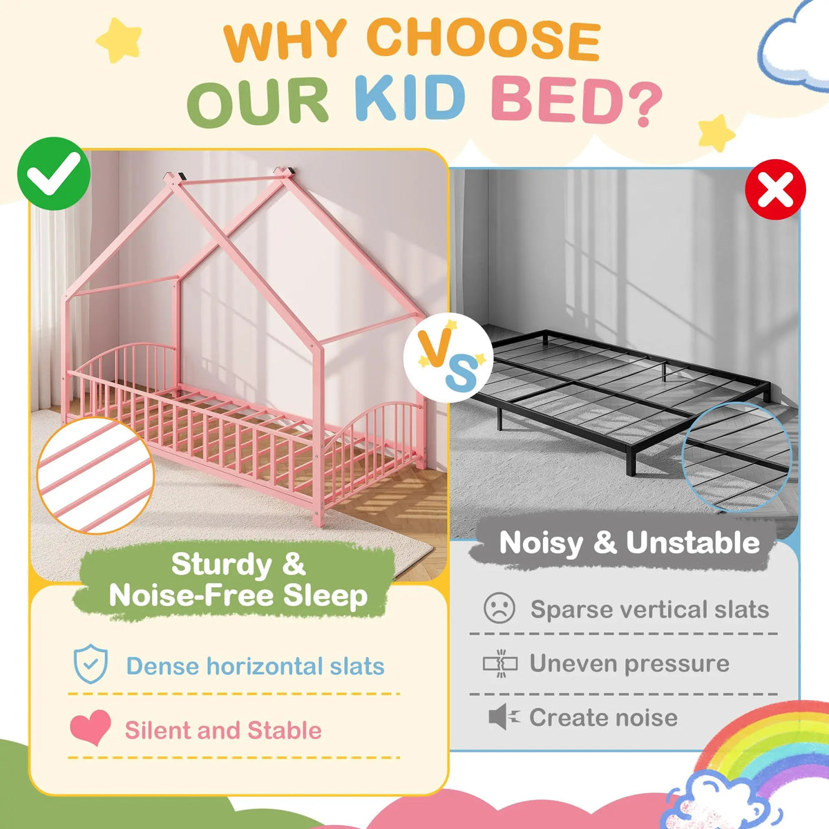 HiMISS Twin House Bed Frame With Safety Rails And Roof