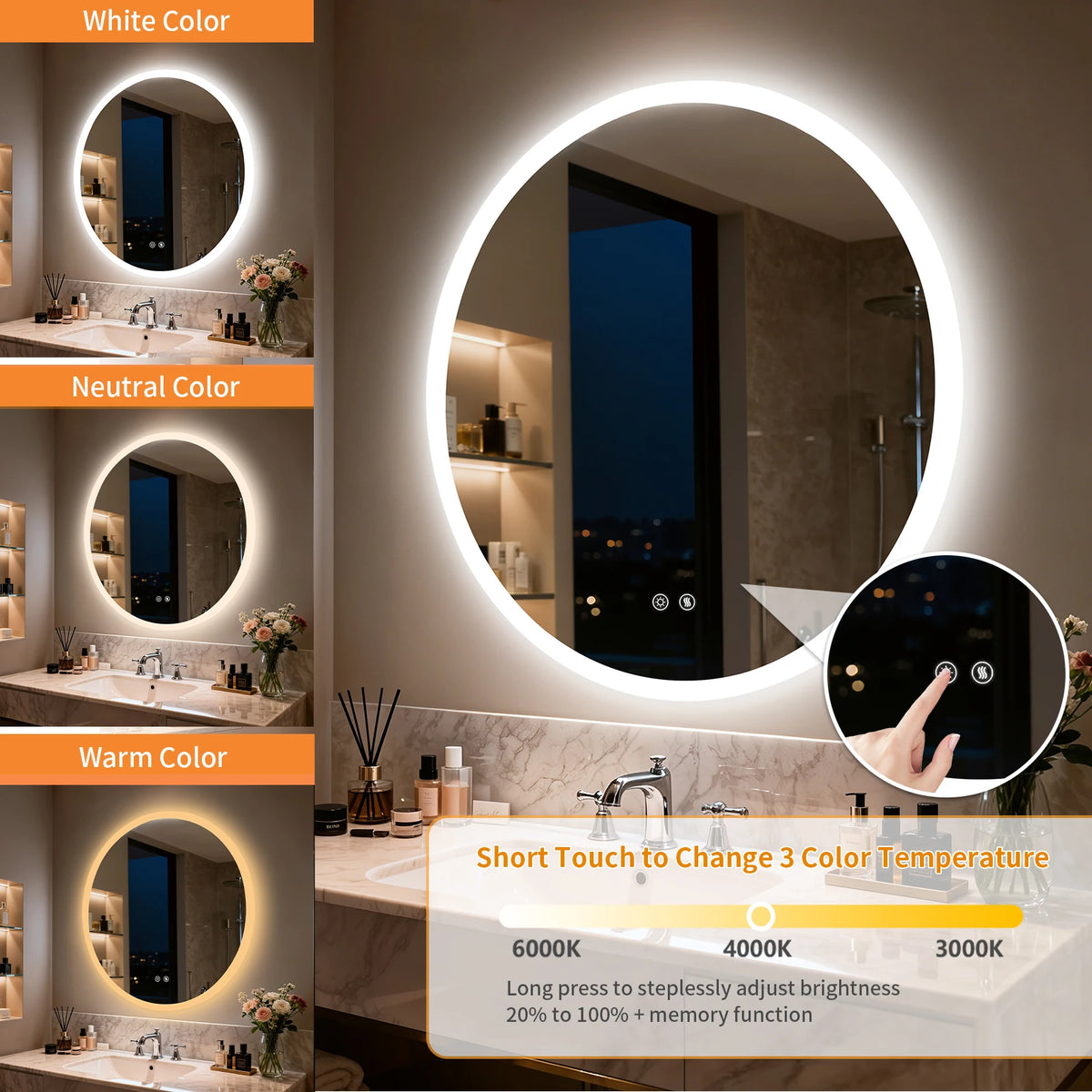Round LED Bathroom Mirror With Anti Fog Dimmable Backlighting