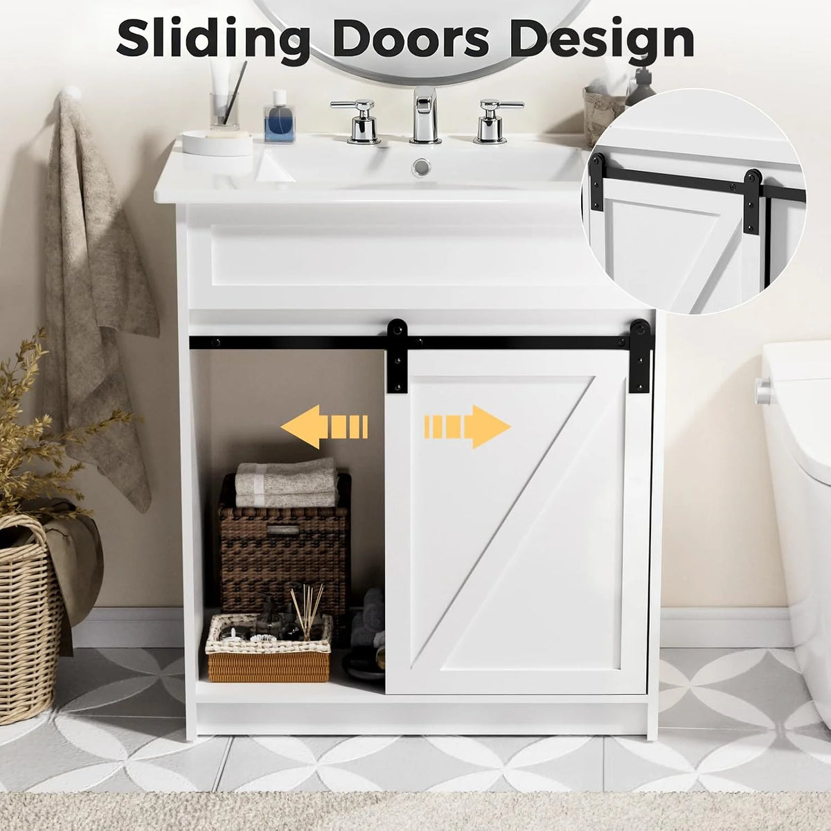 EVOKEDEN Farmhouse Bathroom Vanity With Sink And Barn Door Storage