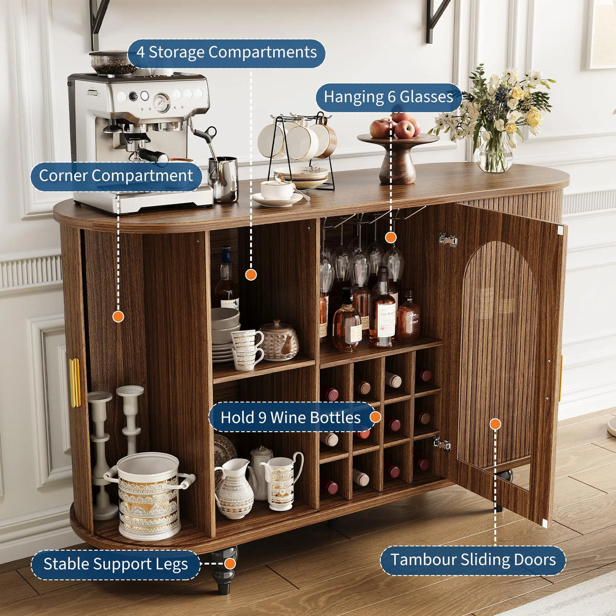 HiMISS Modern Bar Cabinet With Wine Rack And Glass Holder
