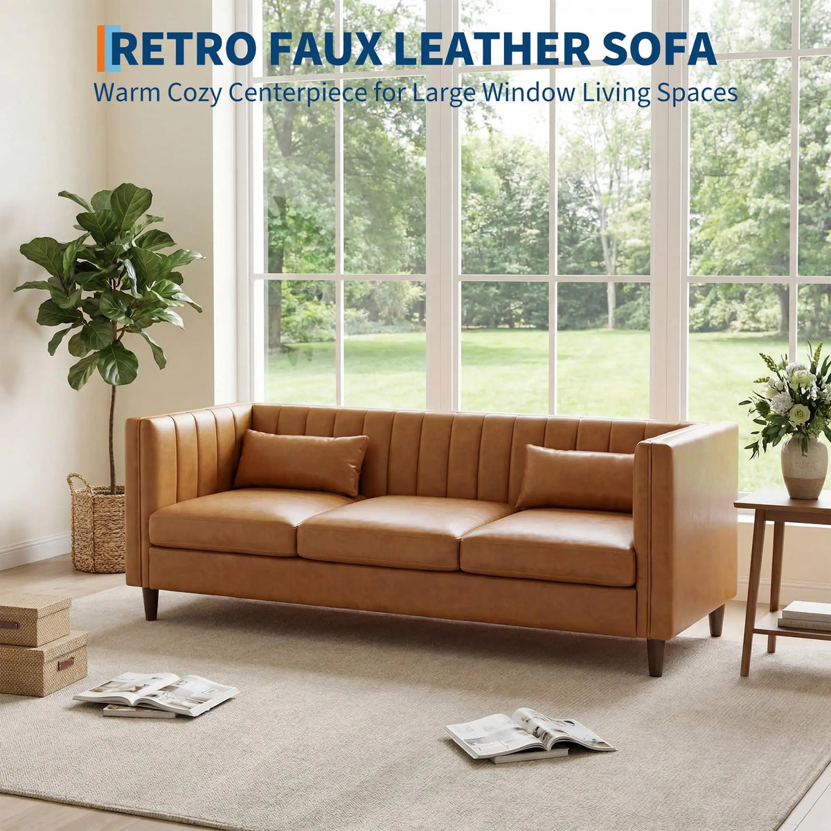 HiMISS Mid Century Modern Faux Leather Three Seat Sofa