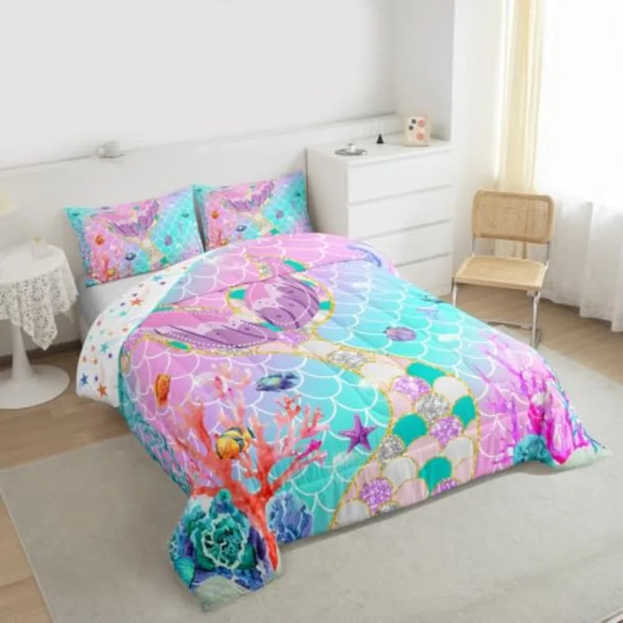 Mermaid Tail Fish Scale Comforter Set With Two Pillowcases