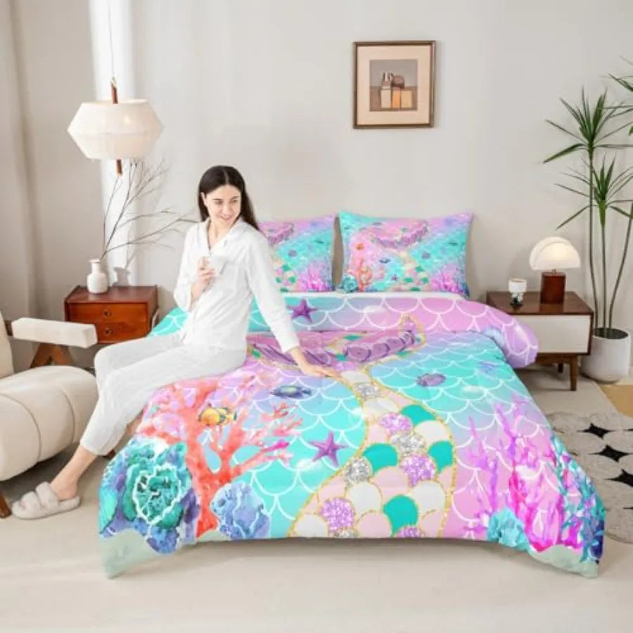 Mermaid Tail Fish Scale Comforter Set With Two Pillowcases