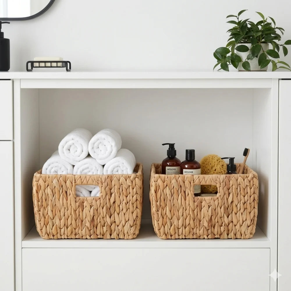 Water Hyacinth Handwoven Storage Basket With Handles