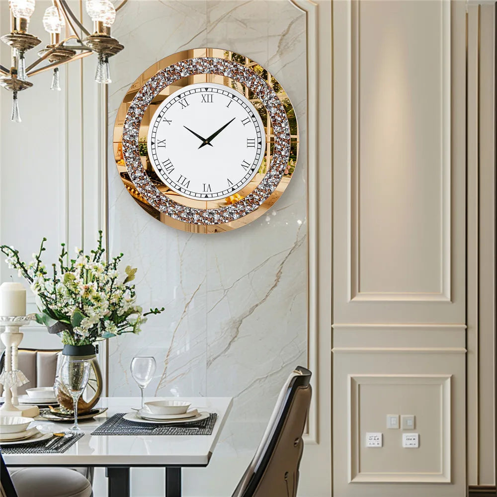 Luxury Mirrored Wall Clock With Crystal Accents Silent Quartz Movement
