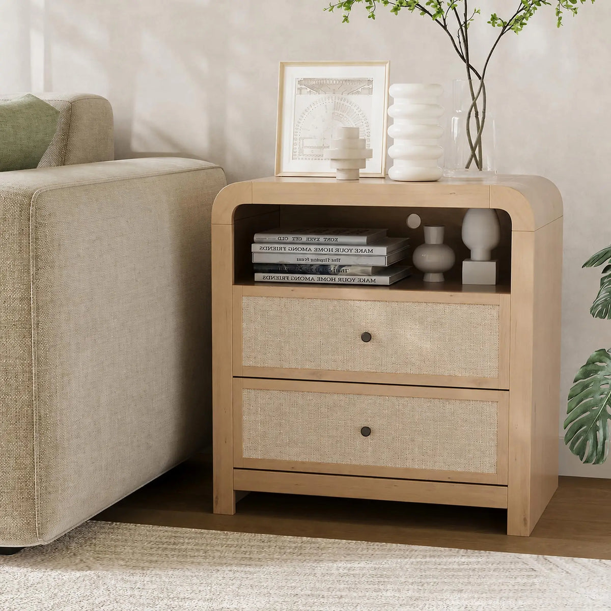 HiMISS Charging Nightstand With Two Drawers USB Ports And Outlets