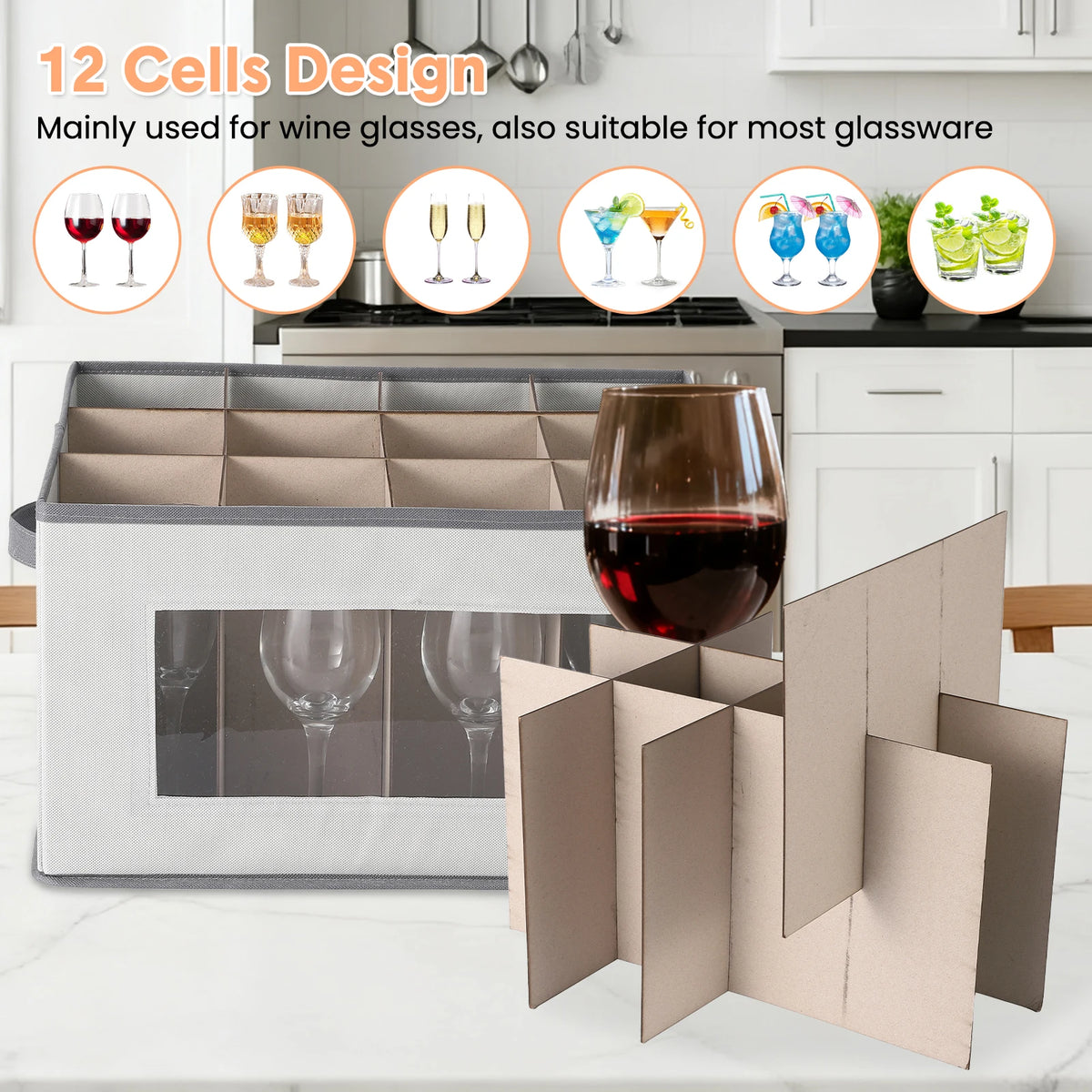 Wine Glass Storage Box, 12 Cells Stemware Storage Case with Clear Window and Divider, Stackable Non-Woven Fabric Wine Glass Organizer for Kitchen, Party and Camping