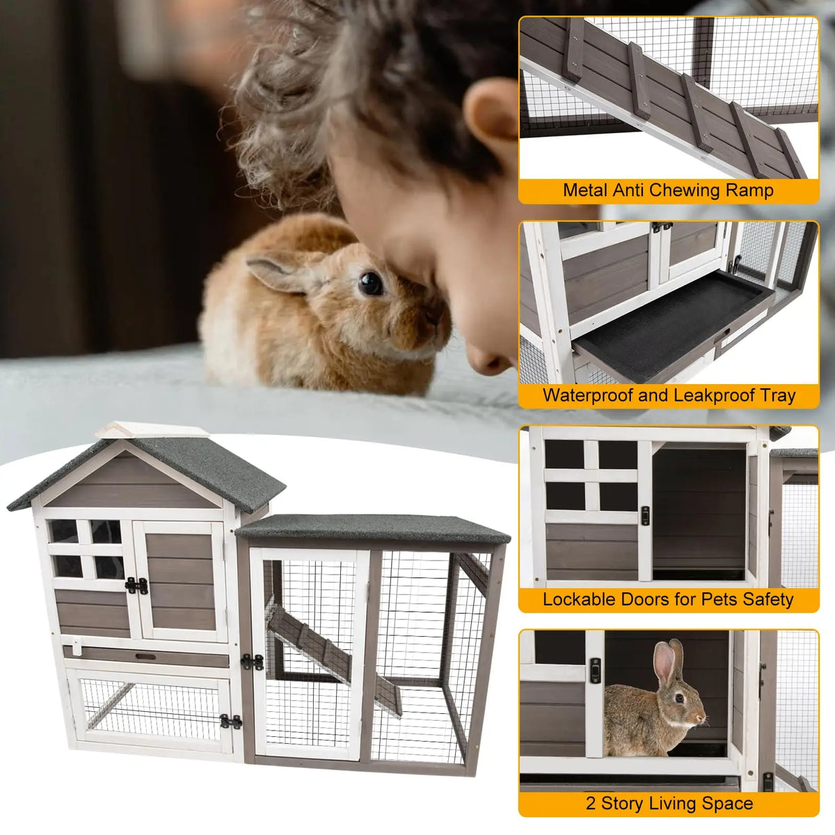 Indoor Outdoor Two Story Rabbit Hutch with Removable Tray