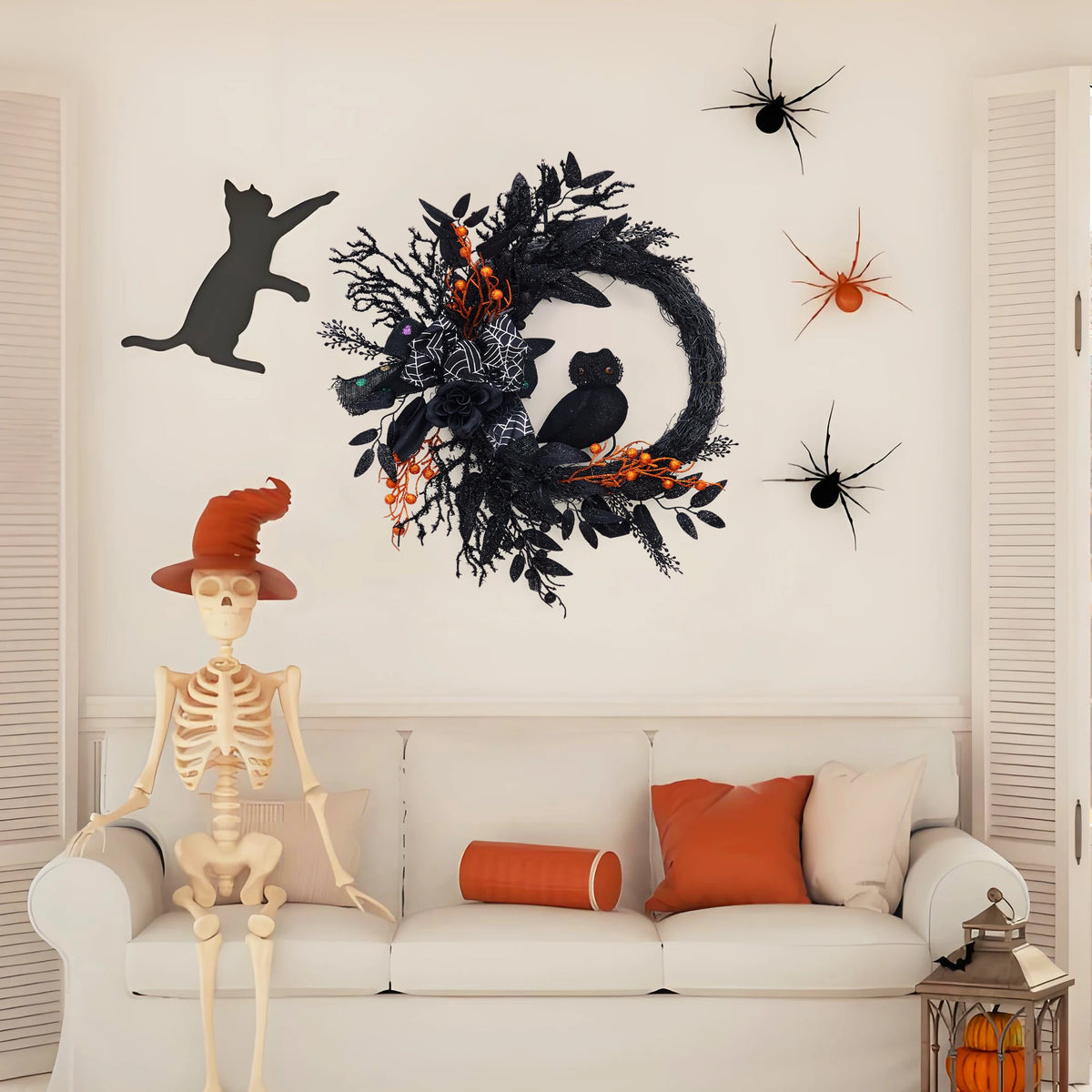 22 Inch Halloween Wreath, Black Artificial Wreath with Owl, Bow, Spider Web, Black Leaves and Orange Berries, Halloween Front Door Wall Decor for Home Party
