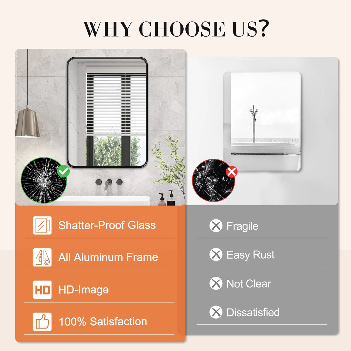 JHK Matte Metal Framed Bathroom Wall Tempered Mirror