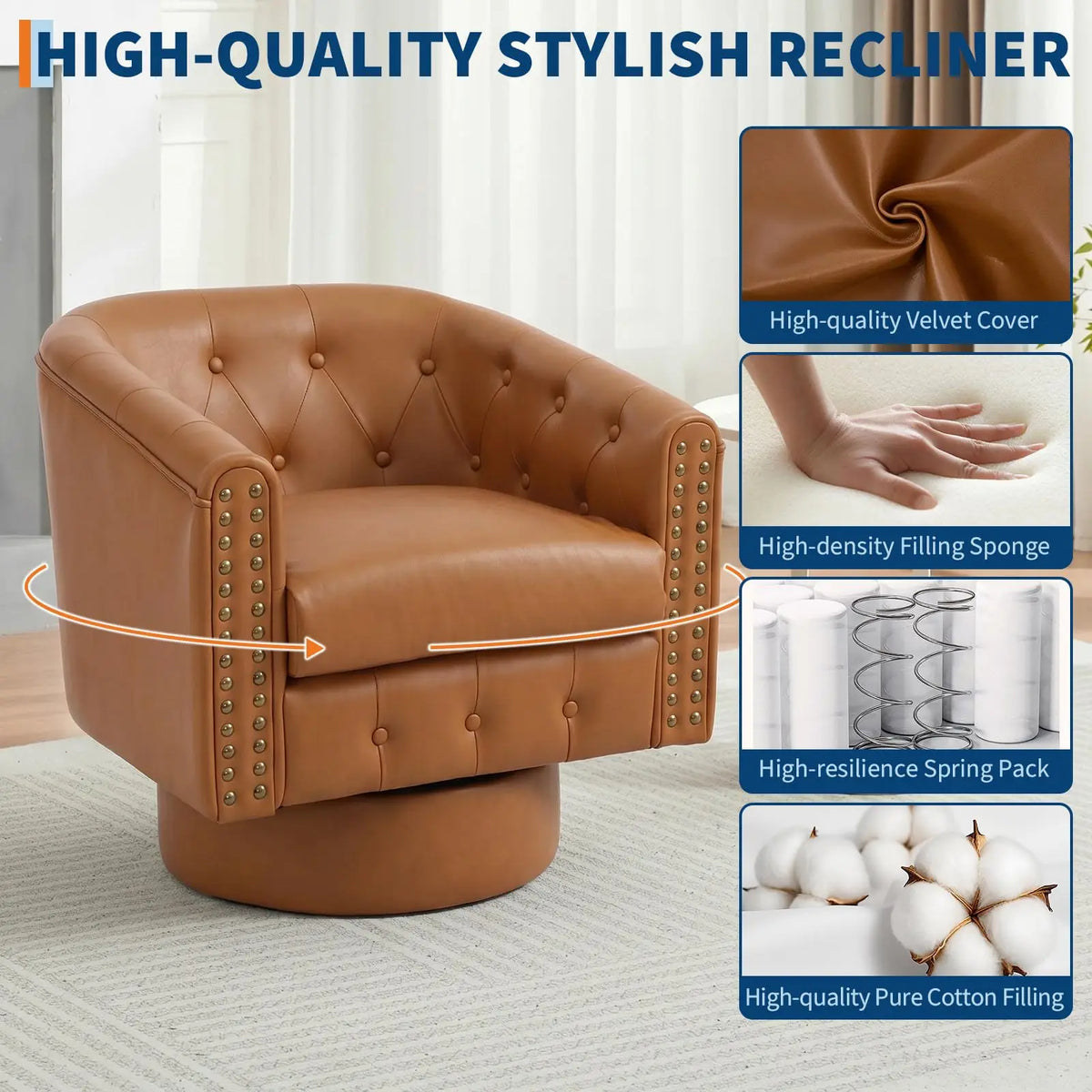 HiMISS Swivel Barrel Accent Chair With Riveted Leather Cushion