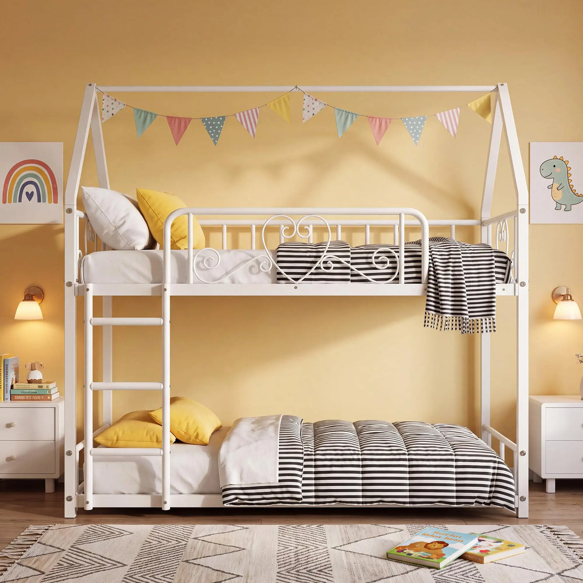 HiMISS House Style Metal Bunk Bed With Ladder And Guardrails