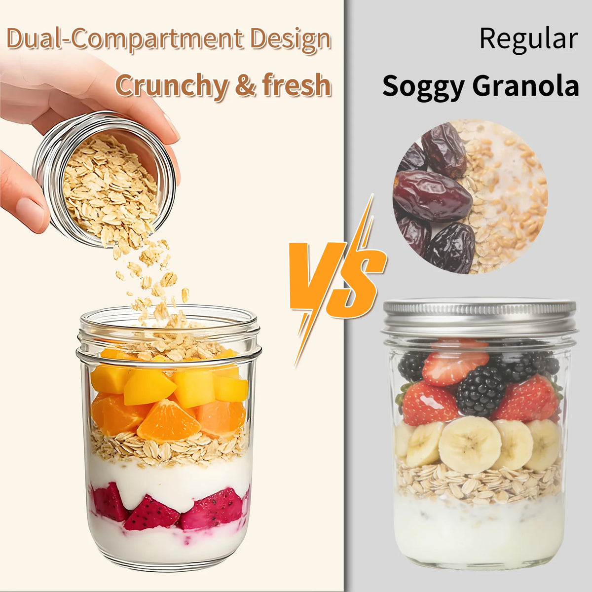 6-Pack Dual-Compartment Glass Jars | 16oz + 4oz Leak-Proof Overnight Oats Container | Crunchy & Fresh Food Storage | Portable Salad & Snack Jar with Spoon