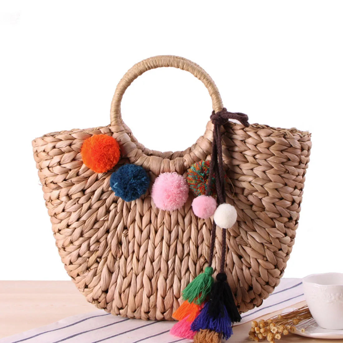 YYW Handmade Woven Straw Beach Bucket Tote Bag For Women