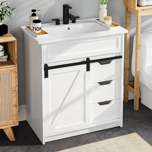 EVOKEDEN Farmhouse Bathroom Vanity With Sink And Barn Door Storage