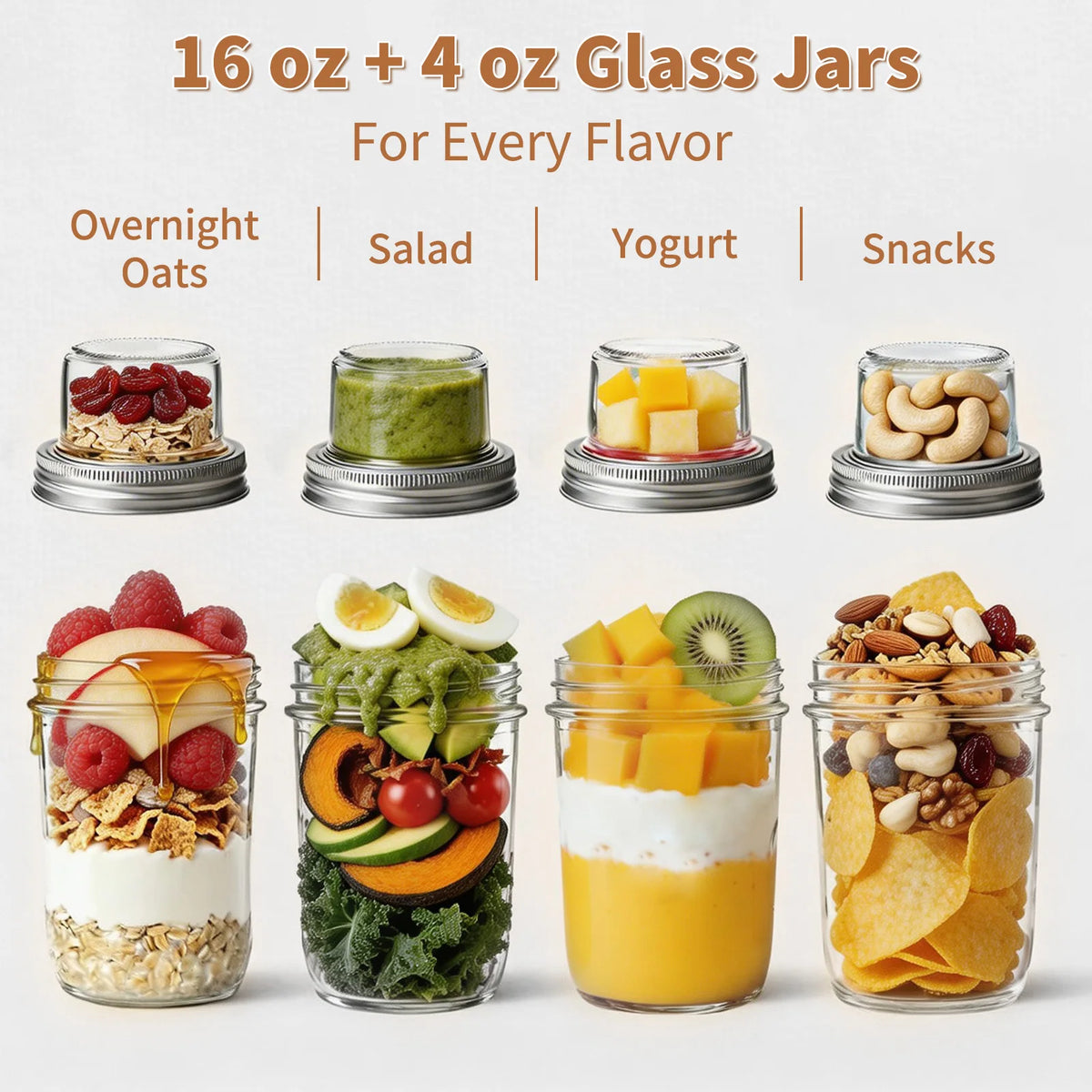6-Pack Dual-Compartment Glass Jars | 16oz + 4oz Leak-Proof Overnight Oats Container | Crunchy & Fresh Food Storage | Portable Salad & Snack Jar with Spoon