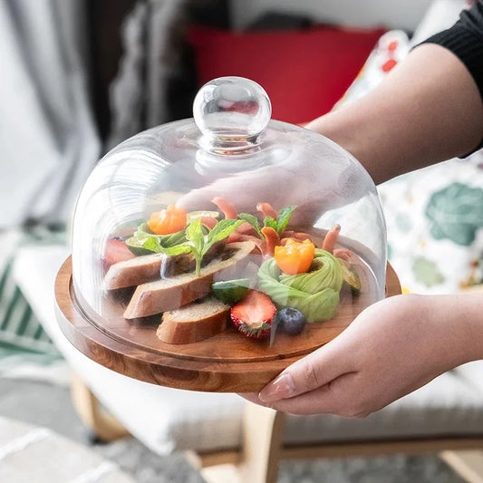Acacia Wood Pastry Tray with Transparent Glass Cover - Large-Sized Dust-Proof Decorative Plate, Suitable for Wedding Desserts, Fruits, and Snacks