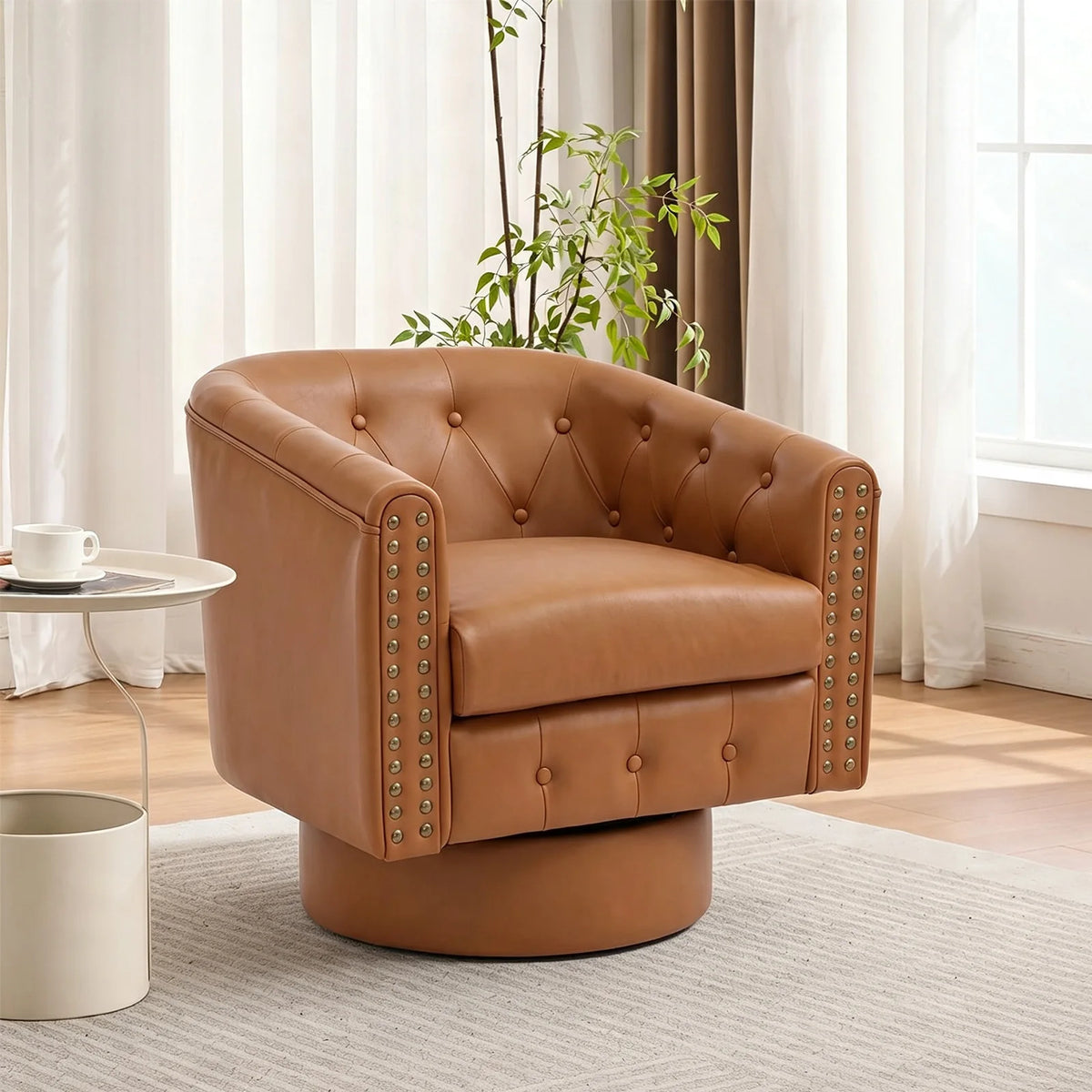 HiMISS Swivel Barrel Accent Chair With Riveted Leather Cushion