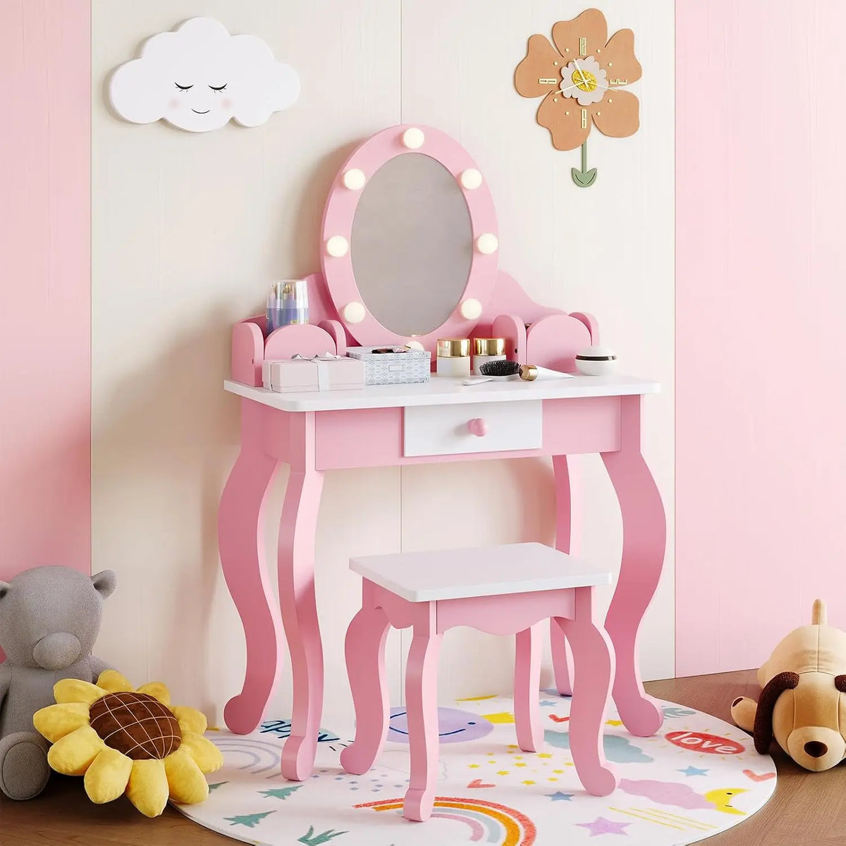 HiMISS Kids Wooden Vanity Set With Lighted Mirror And Storage