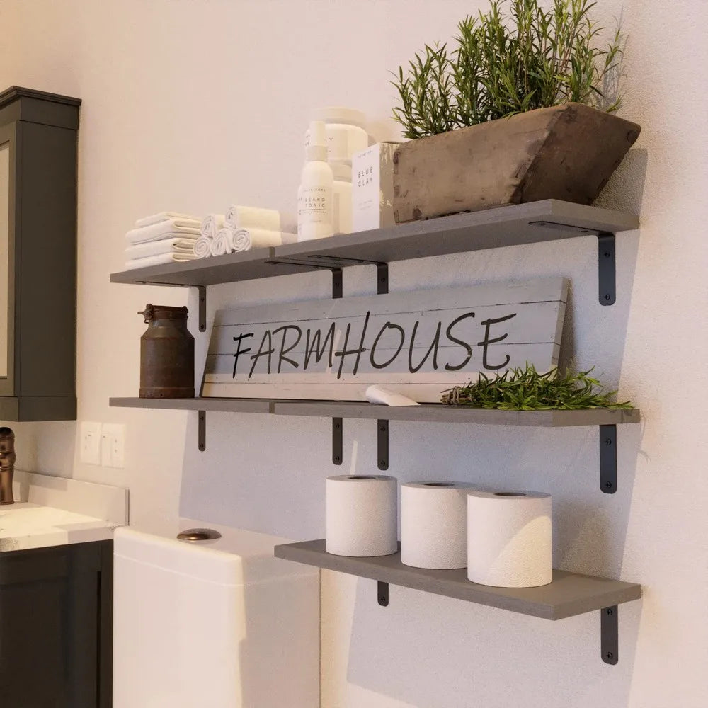 Rustic Floating Wall Shelves With Metal Guardrails Set Of Five