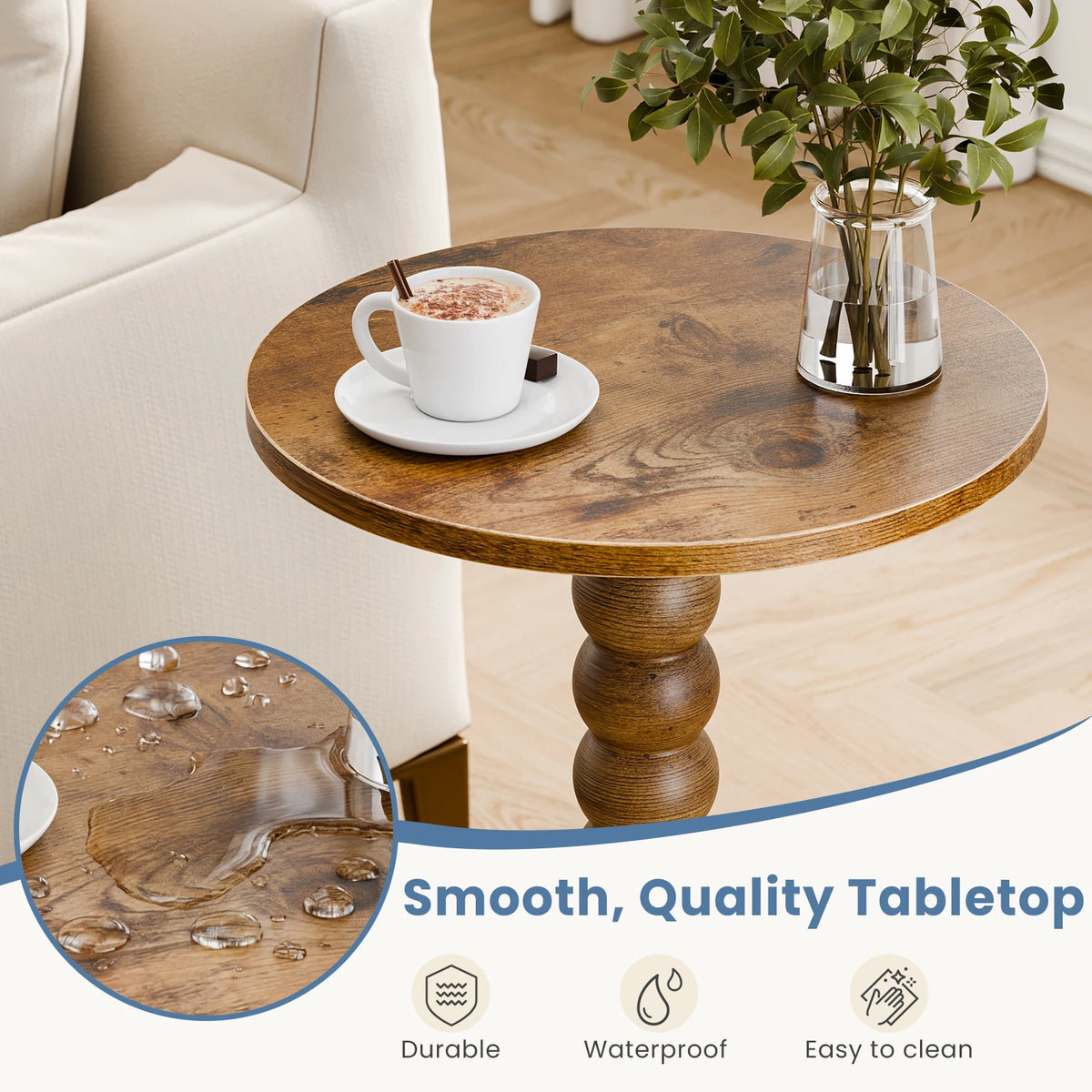 JHK Round Side Table With Solid Wood Legs Storage Shelf