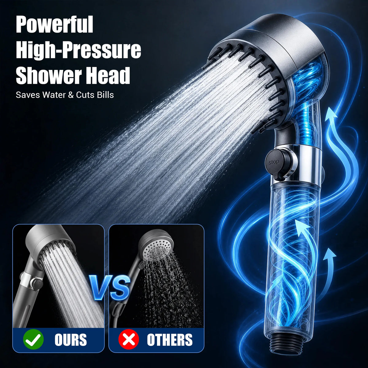 4-in-1 Filtered Shower Head with 4 Replacement Filters, High Pressure Water Saving Showerhead with ON/OFF Pause Button, 3 Spray Modes for Bathroom Spa