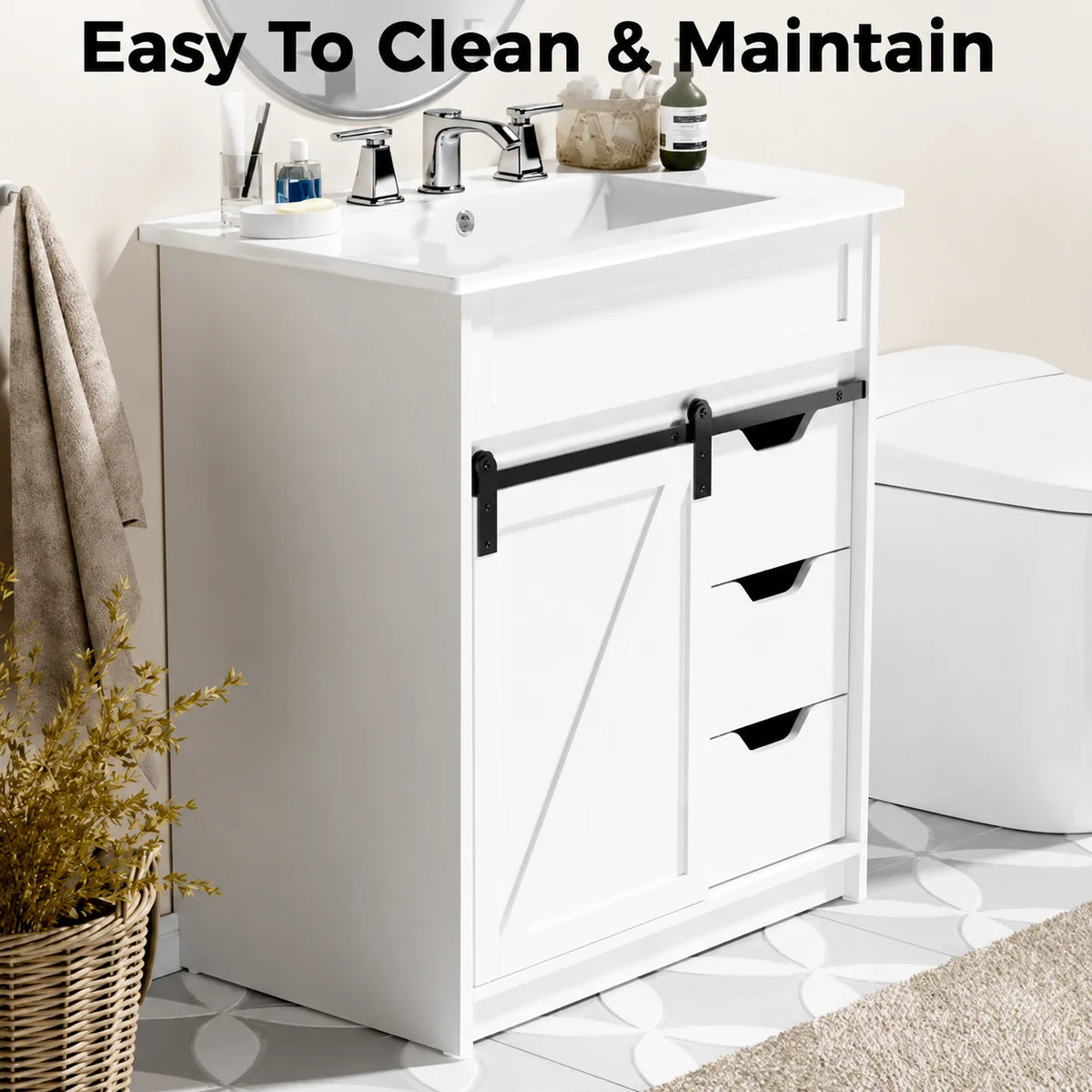 EVOKEDEN Farmhouse Bathroom Vanity With Sink And Barn Door Storage