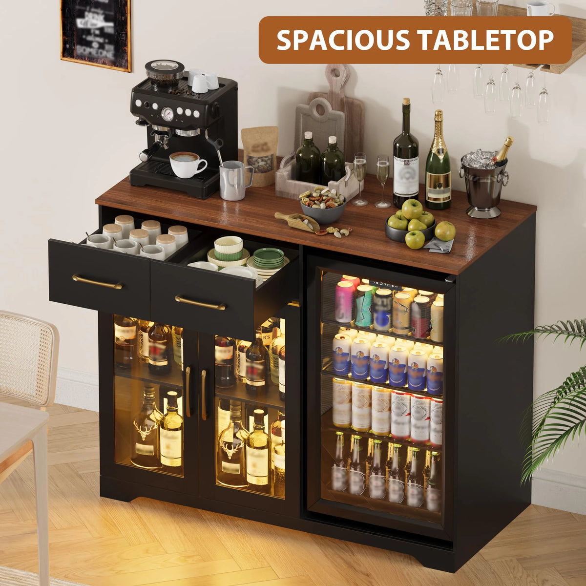 HiMISS Coffee Bar Cabinet With Mini Fridge Space And Storage