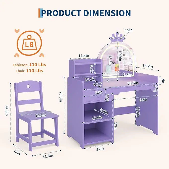 HiMISS Kids Vanity Desk With Lights And Chair For Girls