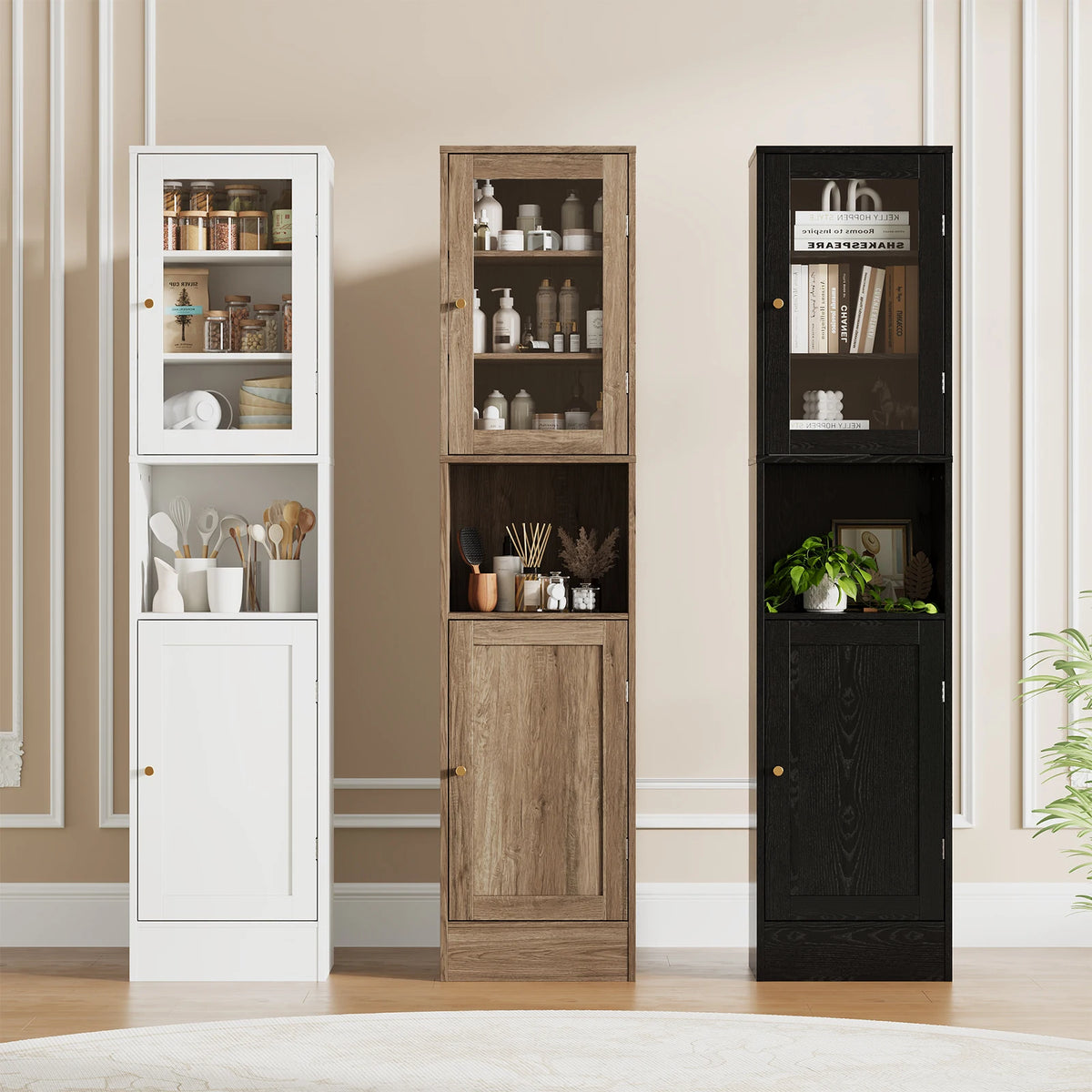 HOSSLLY Slim Bathroom Cabinet With Glass Doors And Adjustable Shelves