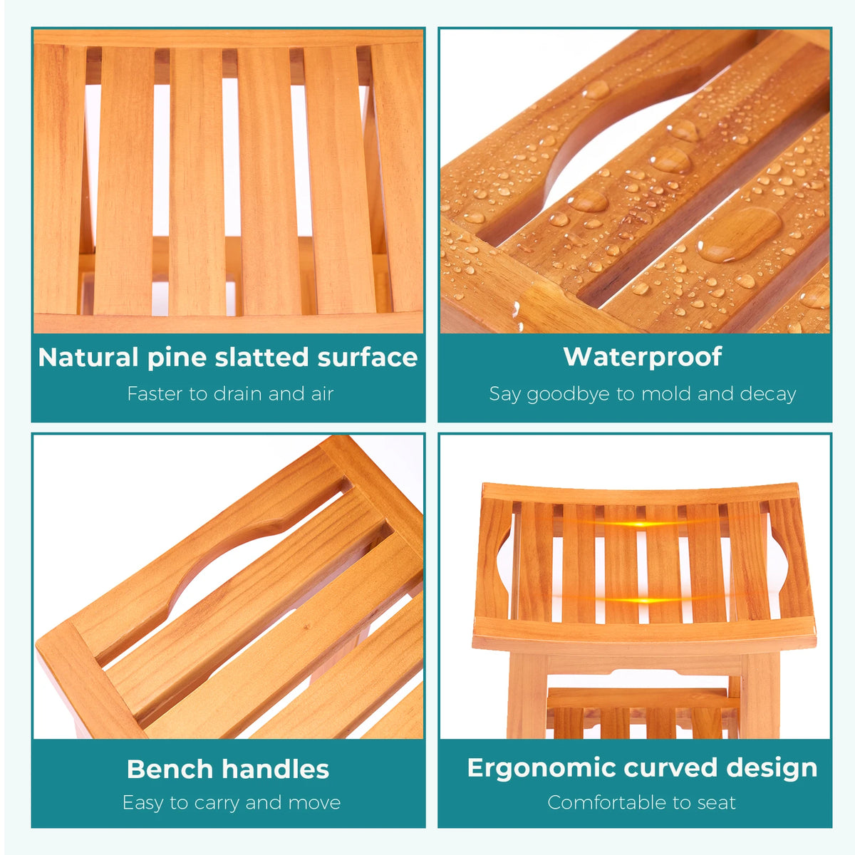MCQ Wooden Shower Chair With Storage Shelf And Support Handles