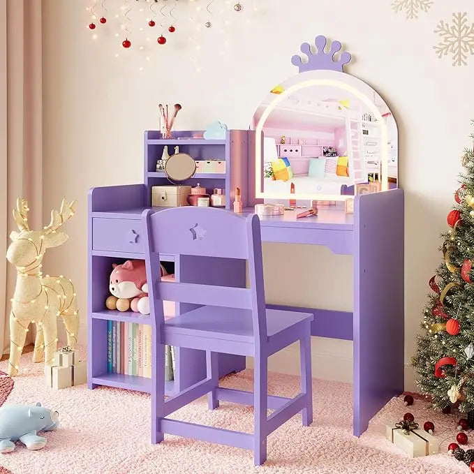 HiMISS Kids Vanity Desk With Lights And Chair For Girls