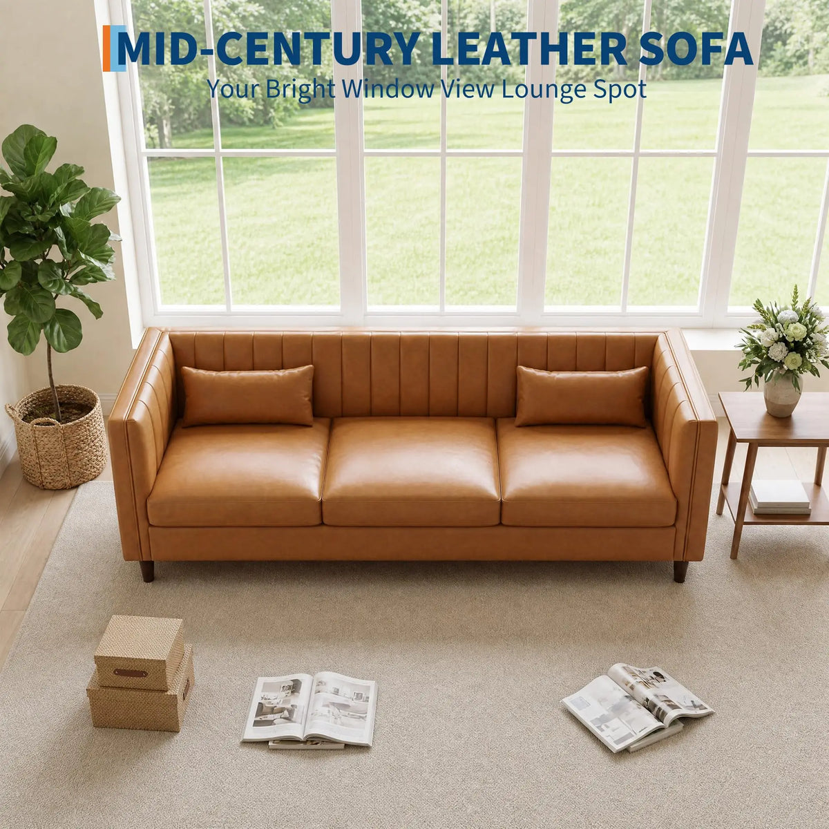 HiMISS Mid Century Modern Faux Leather Three Seat Sofa