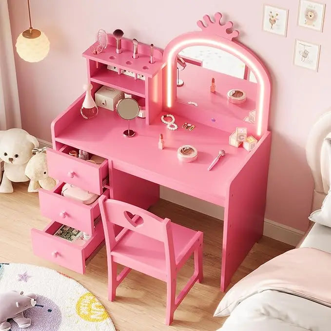 HiMISS Kids Vanity Desk With Lights And Chair For Girls