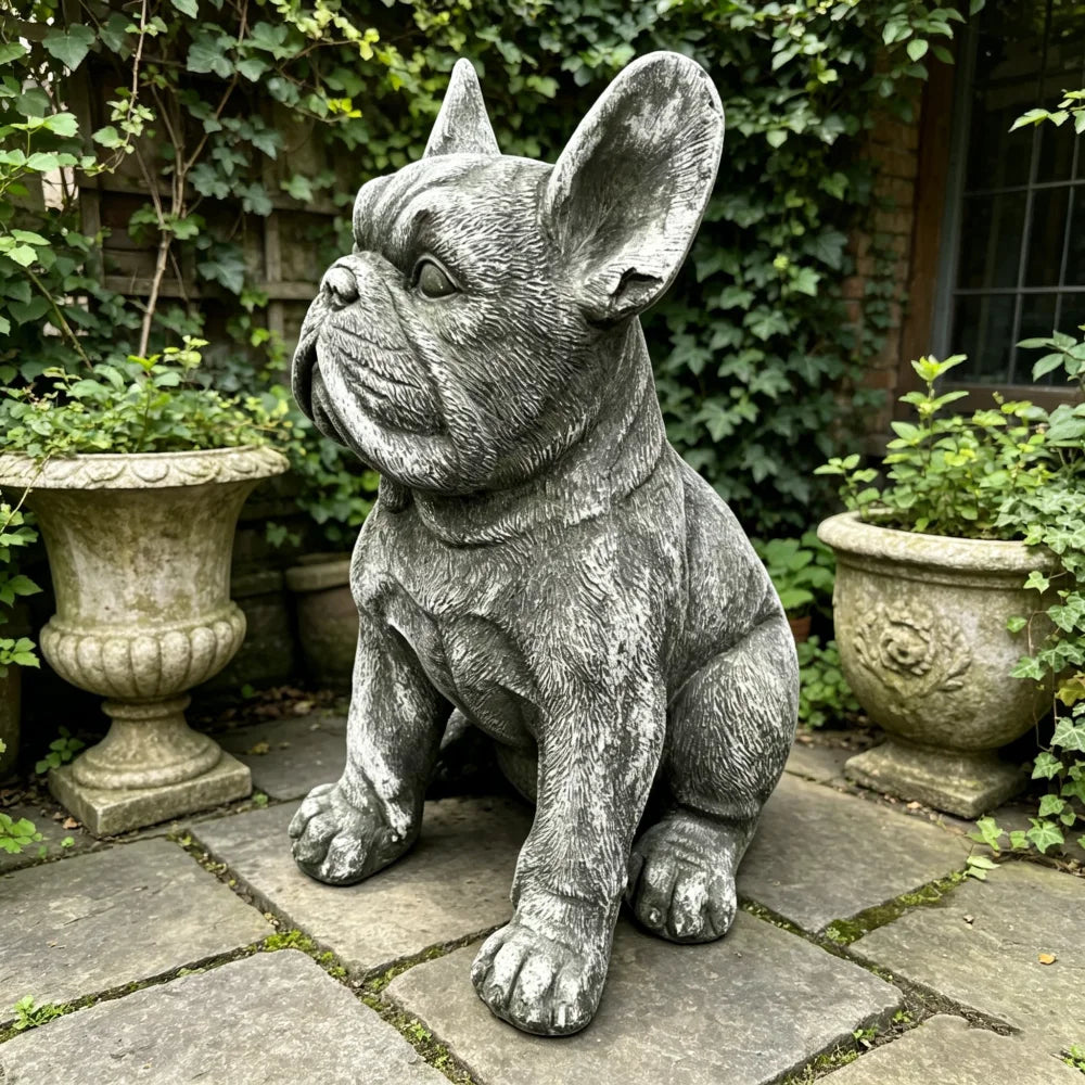 Outdoor French Bulldog Statue Rustic Stone Finish Garden Decor