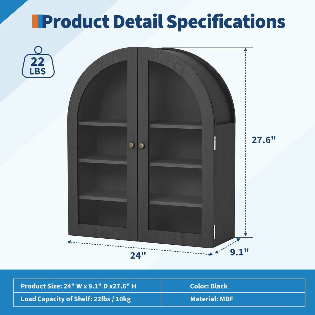 Wooden Arched Wall Cabinet, 24"×9.1"×27.6" Bathroom Kitchen Storage Cabinet, Double Doors Adjustable Shelf Modern Home Display Organizer