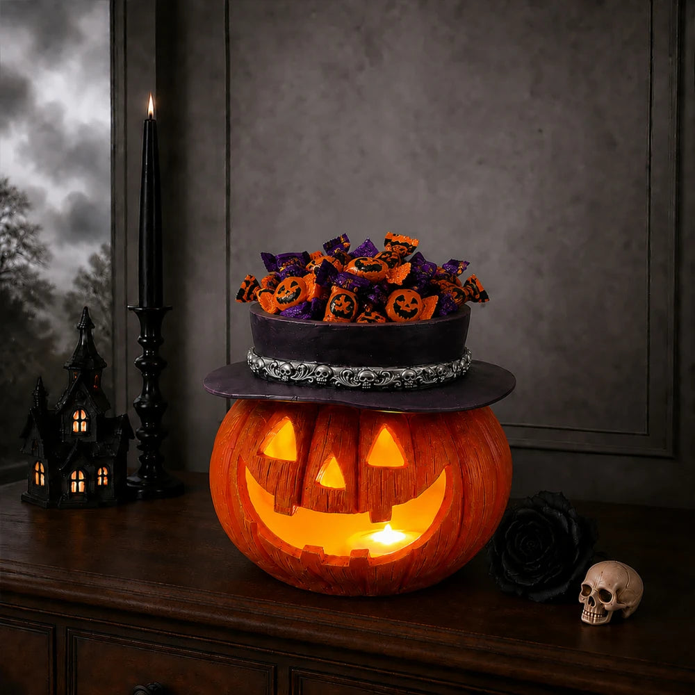 Light Up Halloween Pumpkin Candy Bowl Jack O Lantern Decoration