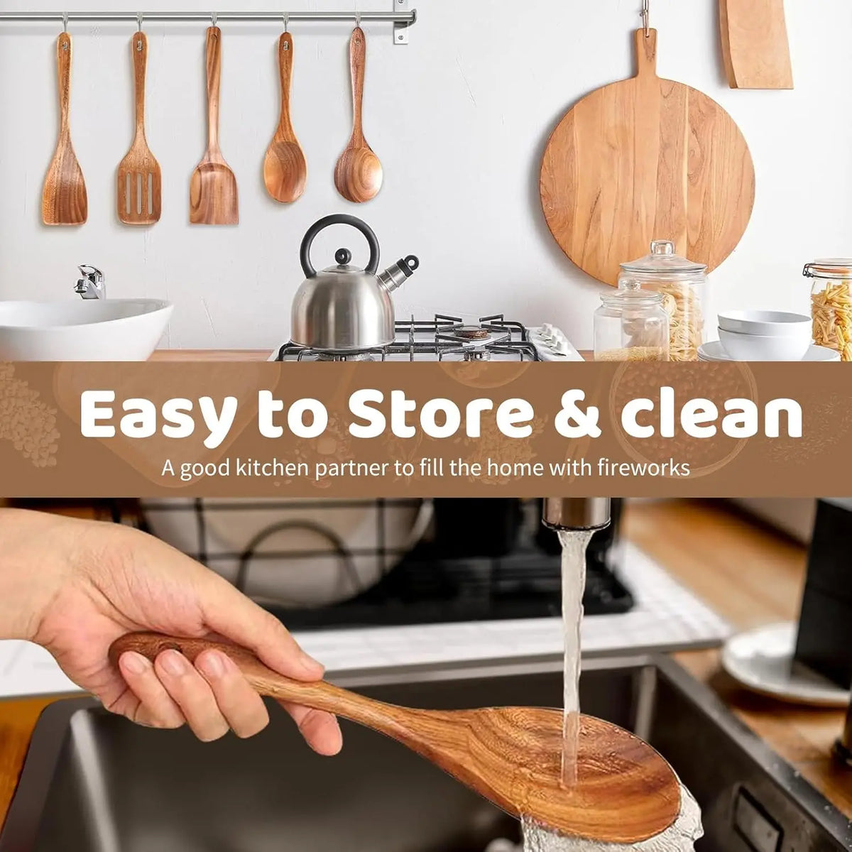 Natural Teak Wooden Kitchen Utensil Set Heat Resistant Nonstick Cookware