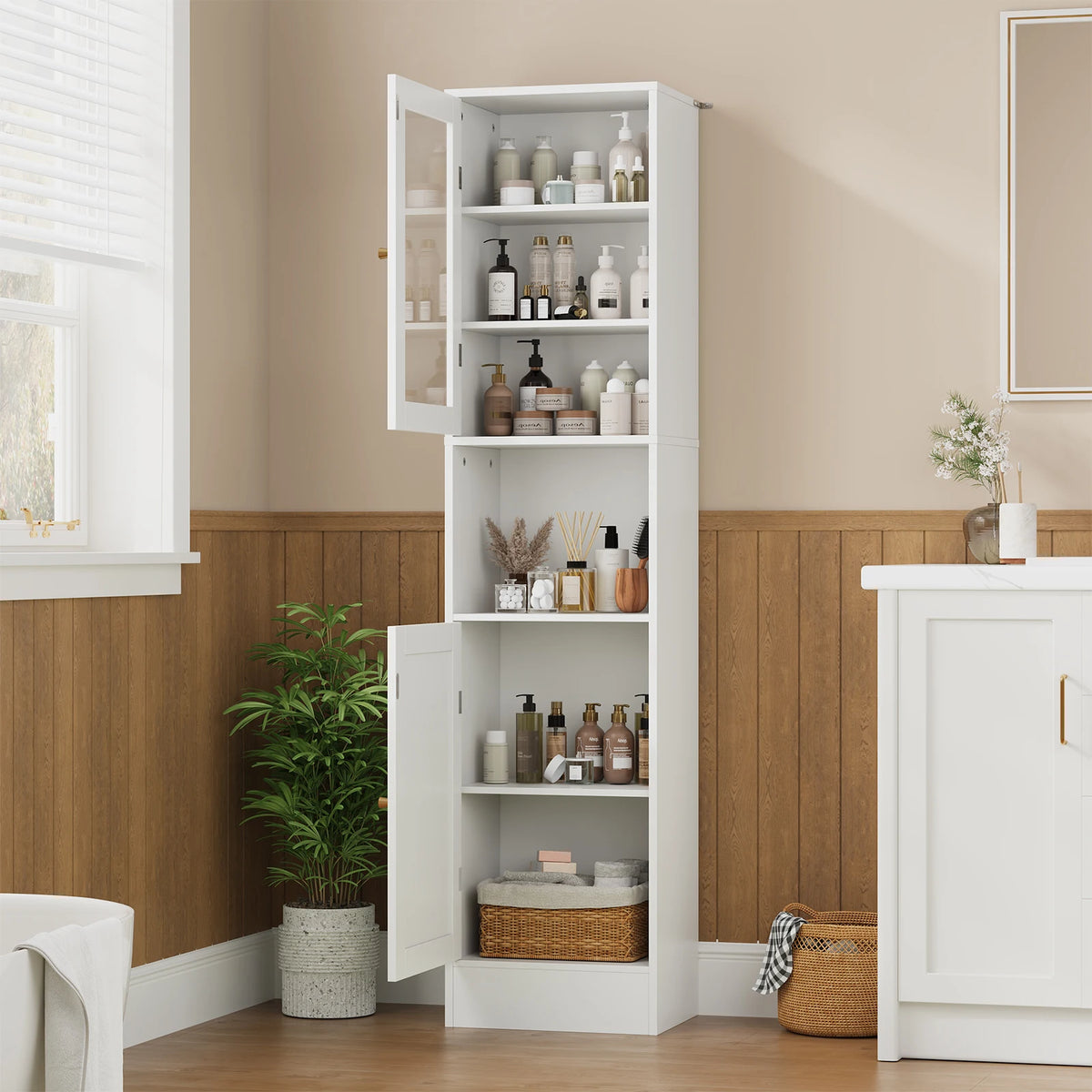 HOSSLLY Slim Bathroom Cabinet With Glass Doors And Adjustable Shelves