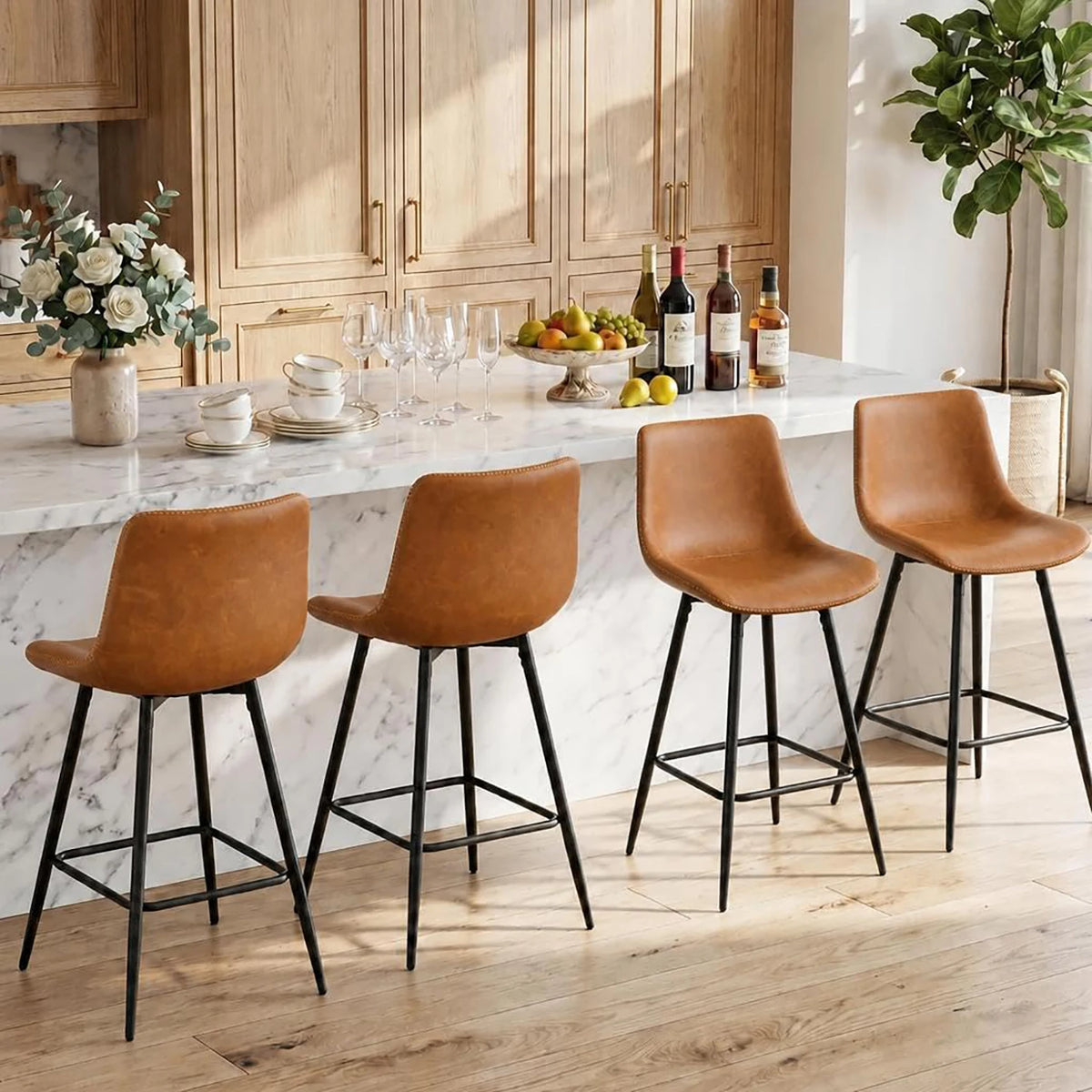 HiMISS Faux Leather Bar Stools With Backs Set Of Four