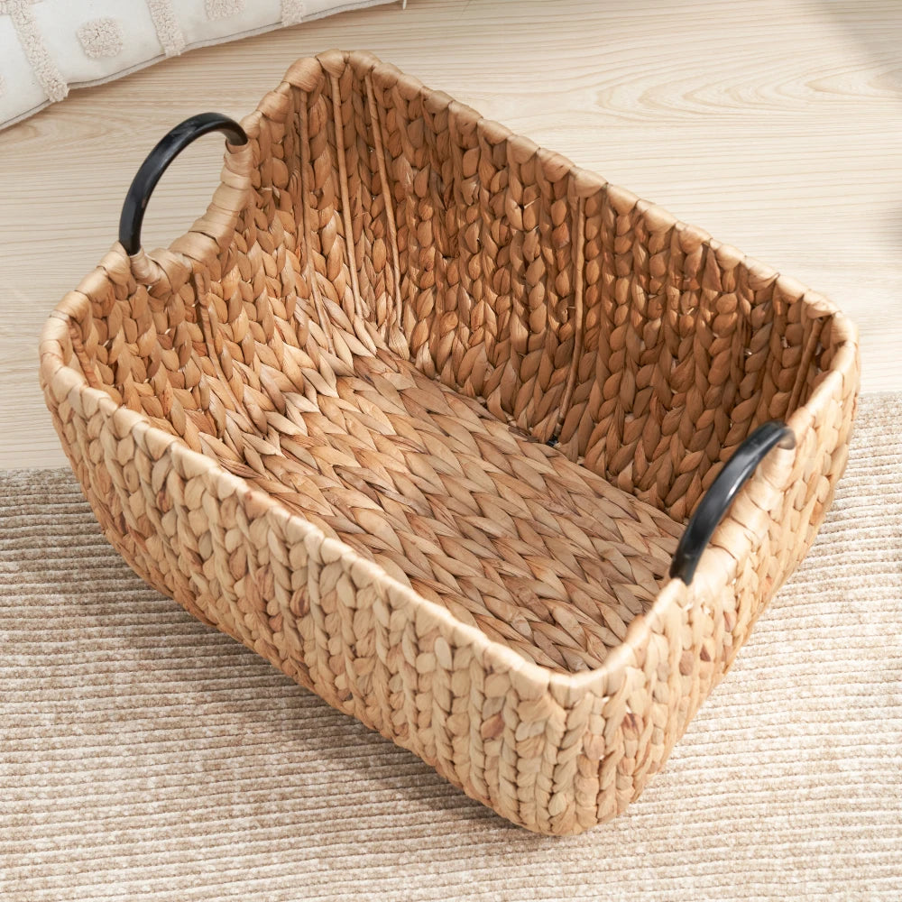 Rectangular Water Hyacinth Woven Storage Baskets With Handles