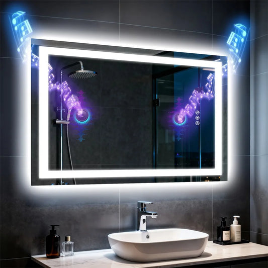 BORWART Illuminated Bathroom Mirror With Fogless Dual Speakers
