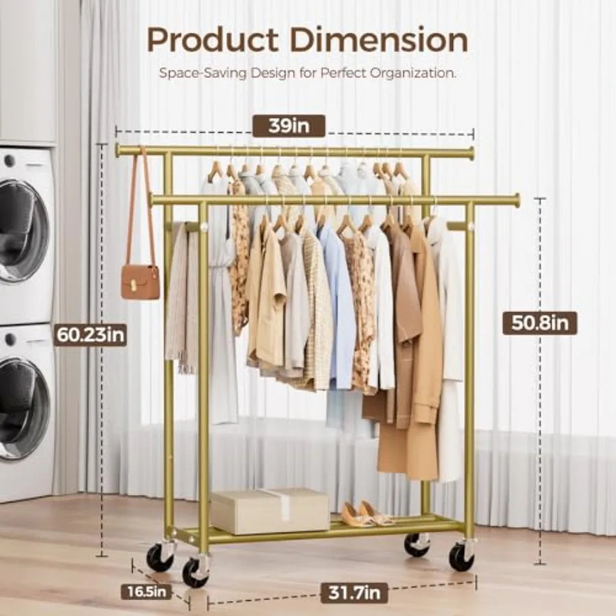 Rolling Double Rod Garment Rack With Wheels For Hanging Clothes