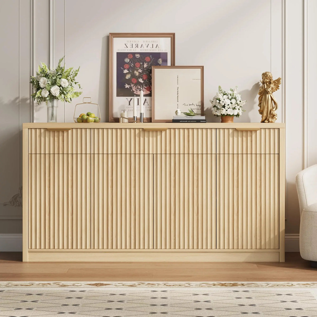 HiMISS Modern Fluted Sideboard Cabinet With Drawers And Adjustable Shelves