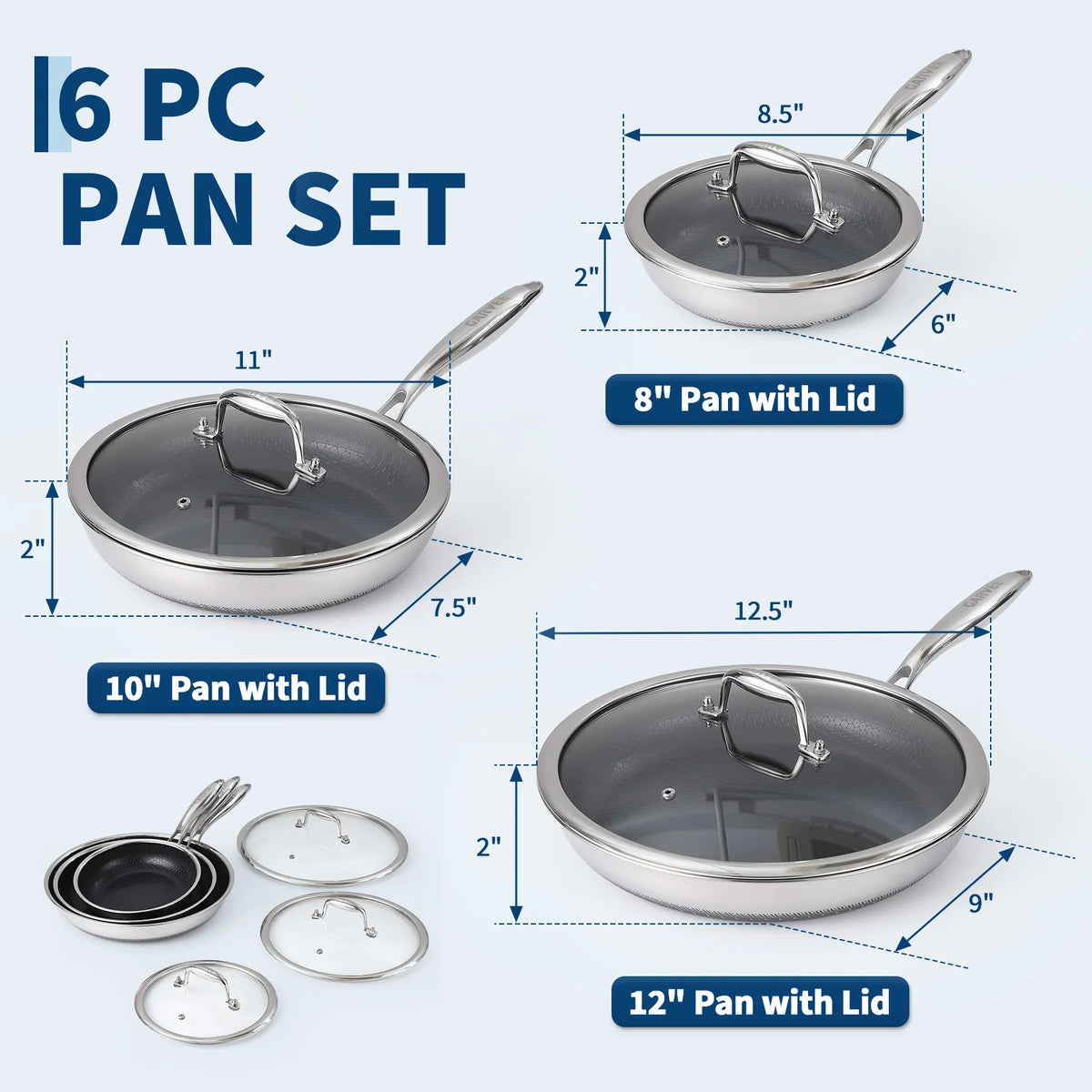 6 Piece Non-Stick Stainless Steel Pan Set, 8"/10"/12" Frying Pans with Glass Lids, Induction Oven Safe Cookware Set for Gas, Electric and Oven