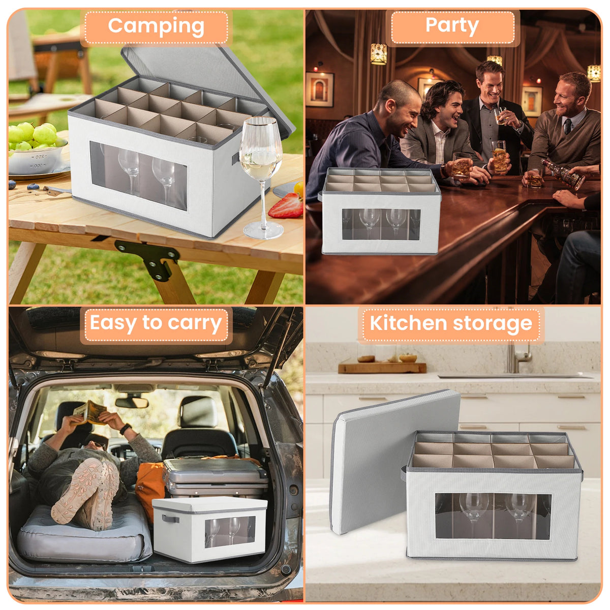 Wine Glass Storage Box, 12 Cells Stemware Storage Case with Clear Window and Divider, Stackable Non-Woven Fabric Wine Glass Organizer for Kitchen, Party and Camping
