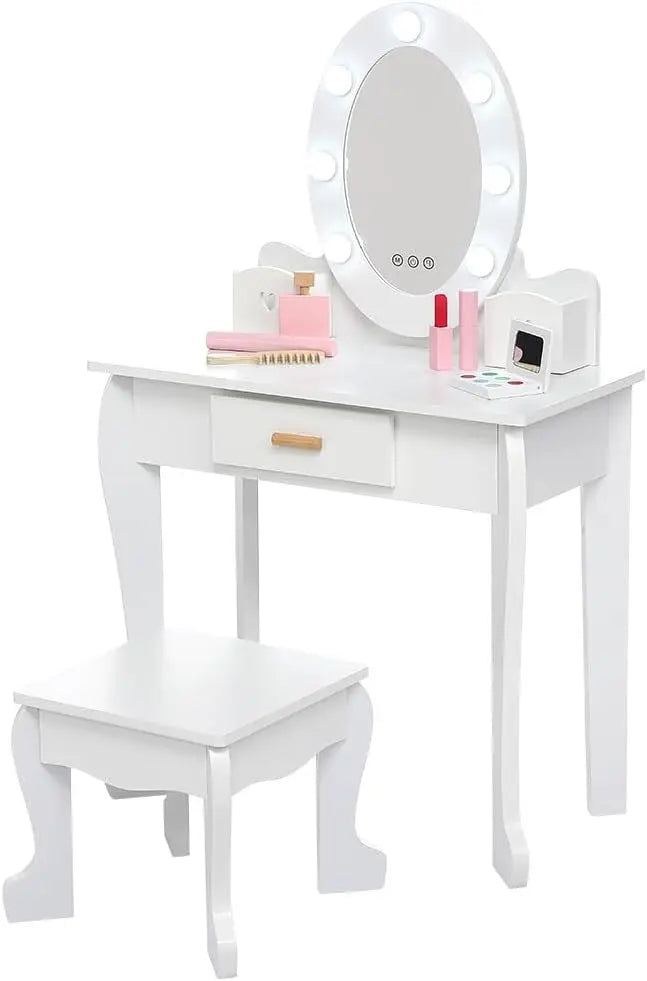 Kids Vanity Table and Stool Set with Light and Mirror for Children