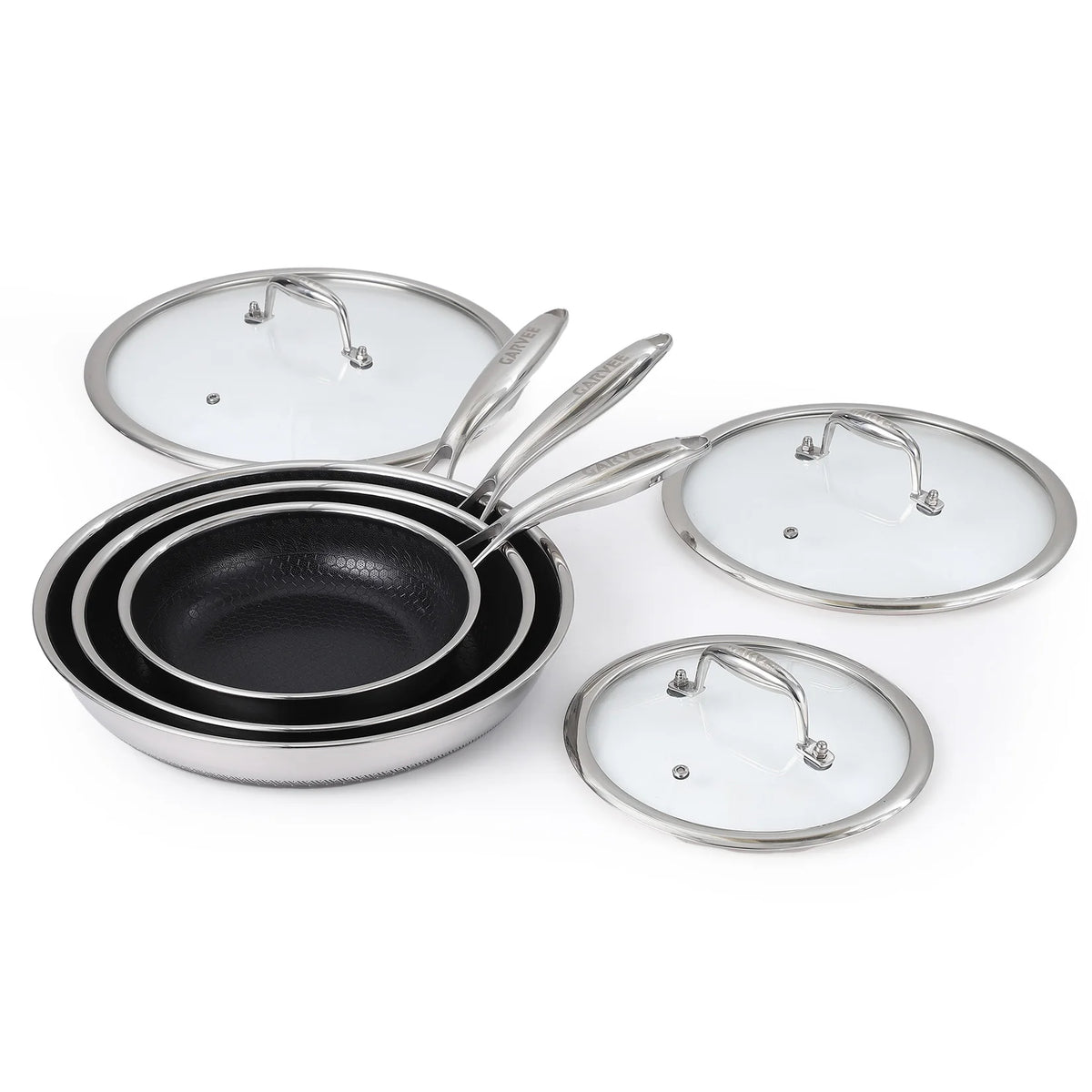 6 Piece Non-Stick Stainless Steel Pan Set, 8"/10"/12" Frying Pans with Glass Lids, Induction Oven Safe Cookware Set for Gas, Electric and Oven