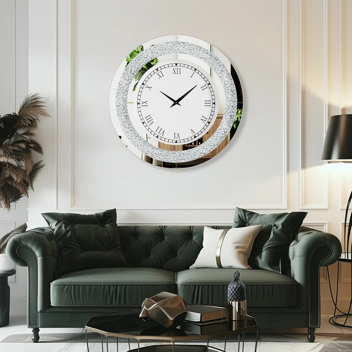 Luxury Mirrored Wall Clock With Crystal Accents Silent Quartz Movement